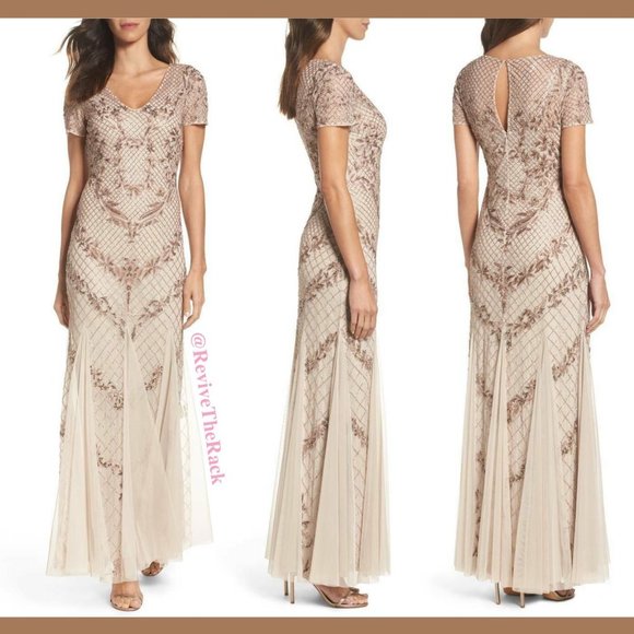 NEW Adrianna Papell Floral Beaded‎ Mesh Mermaid Gown in Biscotti [SZ 8 ] - Picture 2 of 9